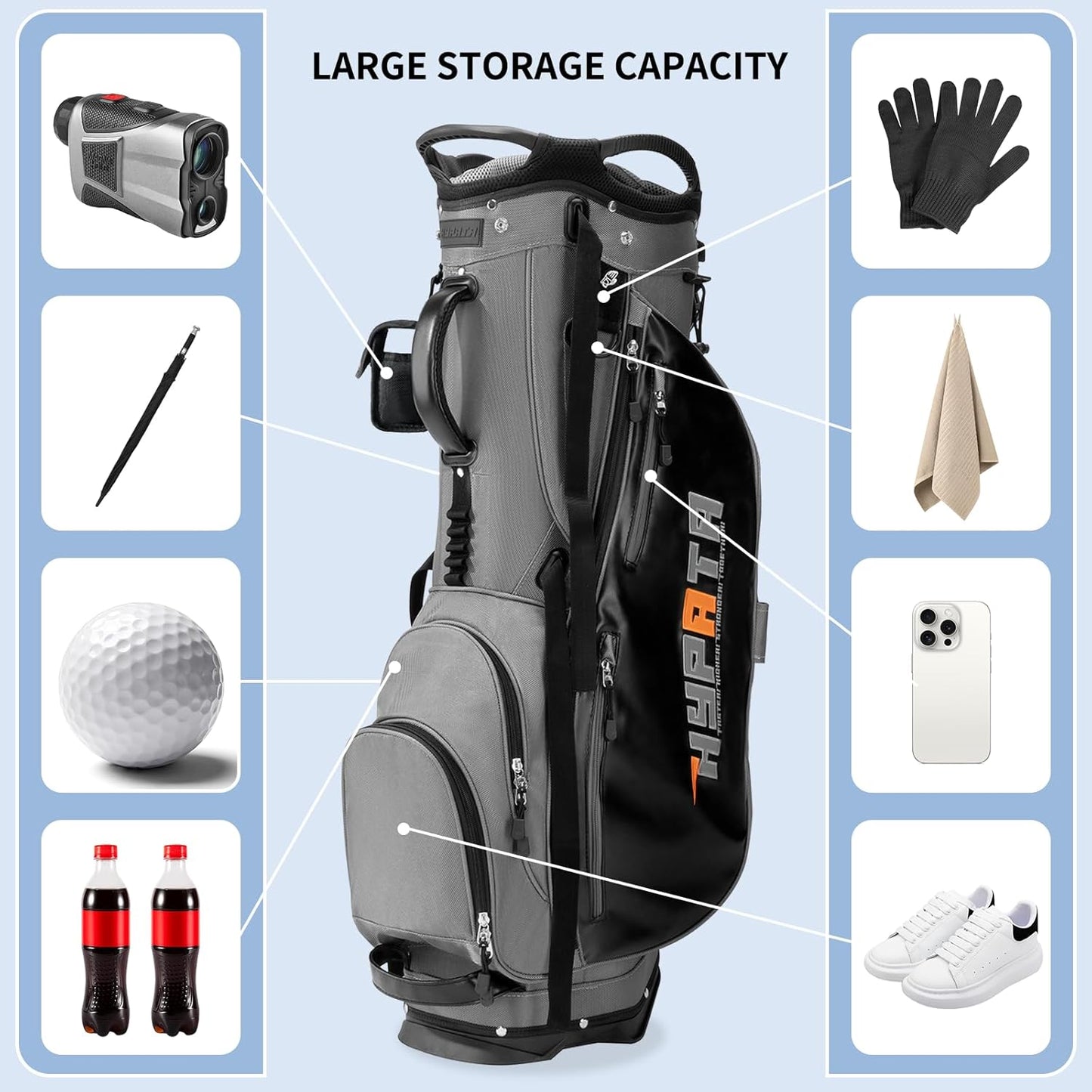 14 Way Golf Bags for Men, Lightweight Golf Stand Bag with 8 Pockets, Cooler Pouch, Rangefinder Pouch, Detachable Dual Strap, Rain Cover Hood