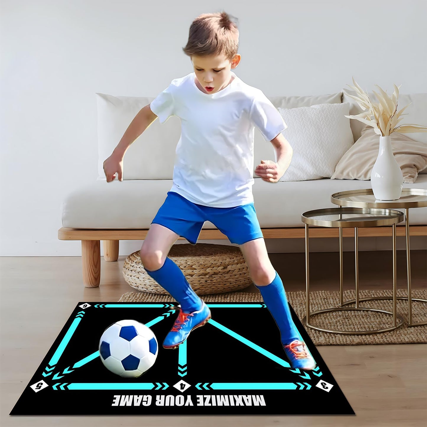 ECENUR Football Footstep Training Mat, Soccer Training Mat 35 * 24IN, Soccer Skills Training Equipment with Storage Bag and Soccer Return Trainer Net (Black-Blue)