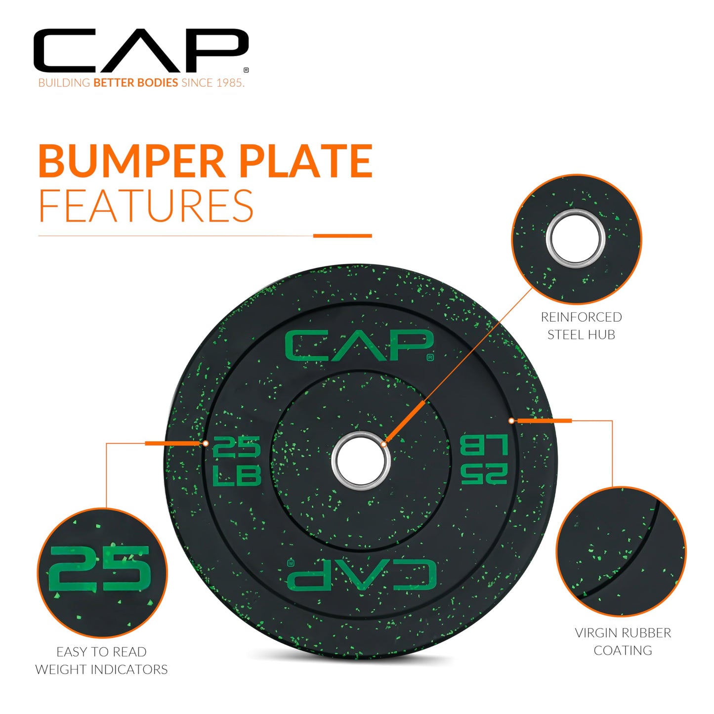 CAP Economy 25 lb Pair Olympic Bumper Plate, Medium Bounce Rubber Weight Plate with Steel Hub, Color Fleck Design, 2-Inch Olympic Barbell Compatible for Strength Training, Weightlifting & Home Gym Workouts.