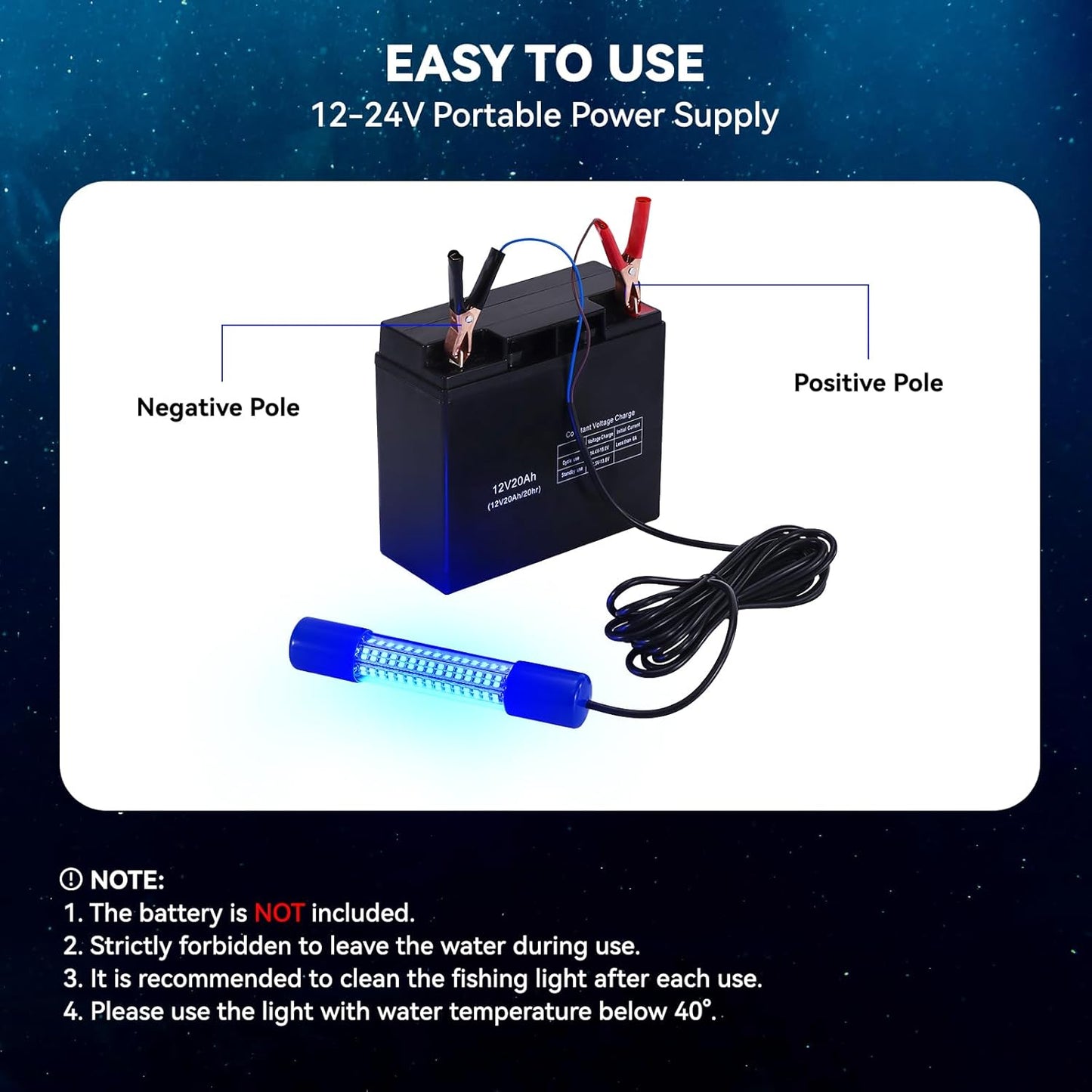 18W Underwater Fishing Light, IP68 Waterproof DC 12-24V LED Fish Bait Light Submersible Finder Attractants Lamp for Crappie Shrimp Squid Catfish + Battery Clamps, 16.4ft Cable Green/Blue/White Light