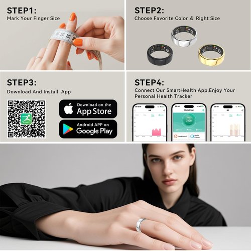 Smart Rings for Women Men,Fitness Tracker Ring,Heart Rate,Blood Oxygen,Blood Pressure,Step Tracker,Sleep Monitoring,No Subscription Fee,IP68 Waterproof Smart Ring for iphone&Android,Size Kit(Silver 7)