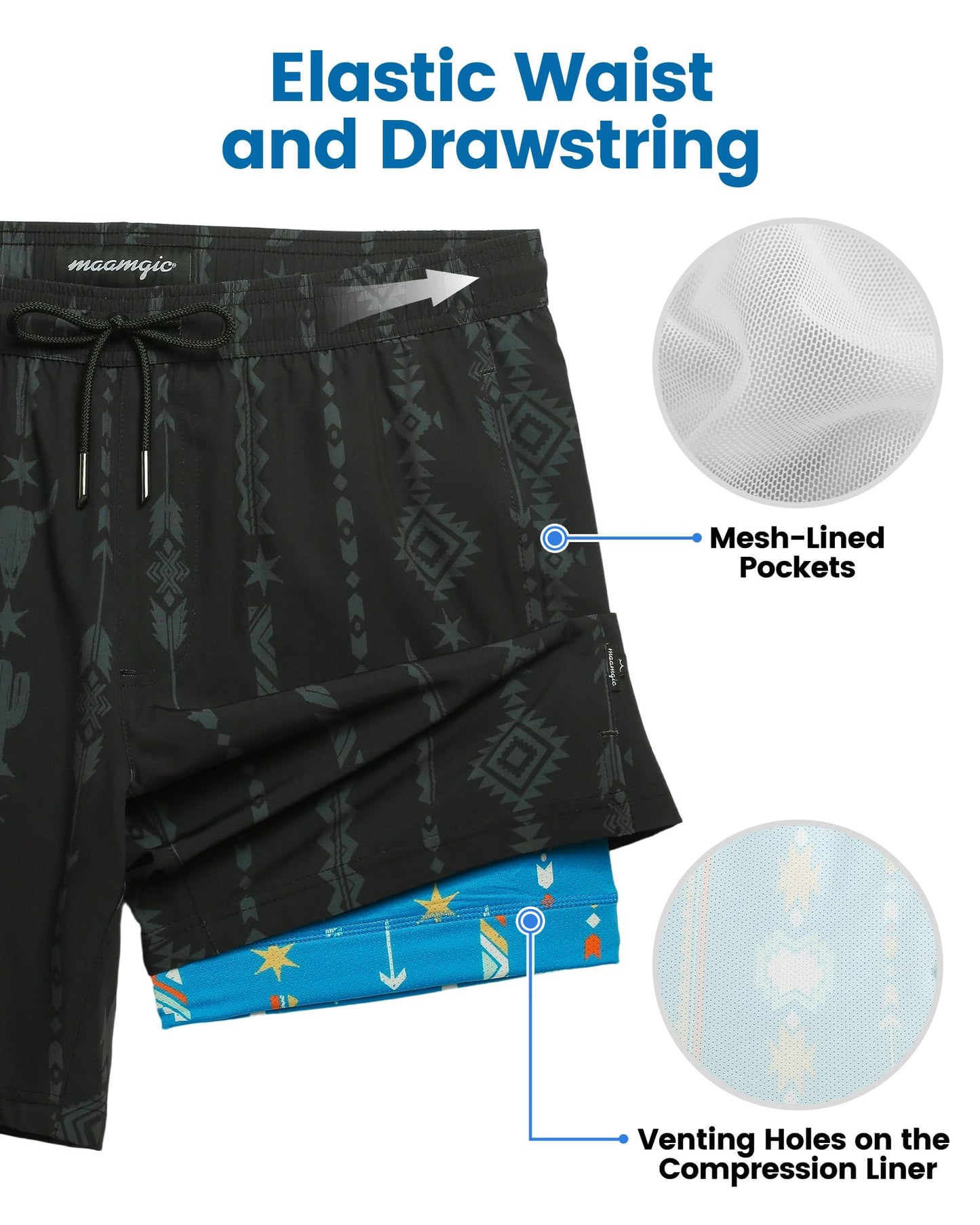 maamgic Mens Swim Trunks with Compression Liner 7 Inch Inseam Mens Bathing Suit Quick Dry Swimming Trunks Swimsuit Folk Pattern Black and Blue XX-Large