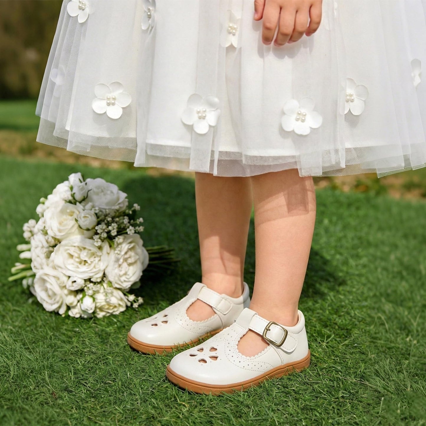 LeIsfIt Mary Jane Dress Shoes for Girls Toddler Girl School Uniform Shoes Wide Ballet Flats for Party Church White Pink 6 Toddler