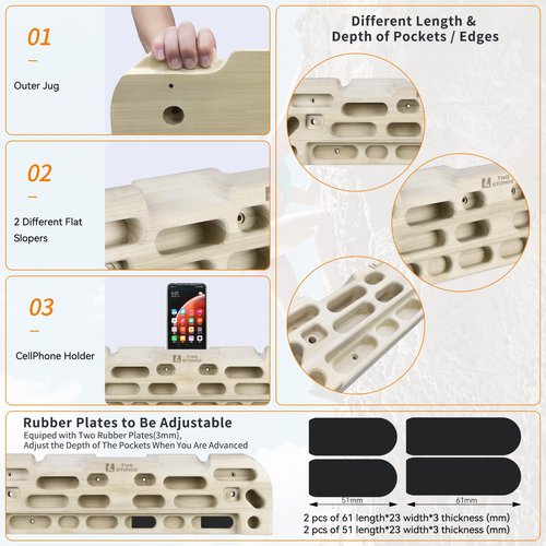 TWO STONES Hangboard Rock Climbing Hangboard with Door Way Pull Up Bar; Including Jugs, Pinches, Pockets, Edges and Slopes for Rock Climbing Training (10-21cm)