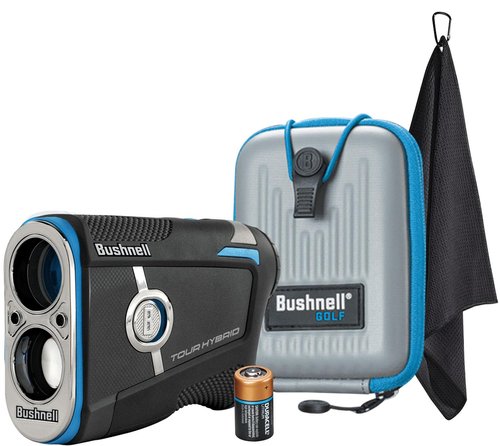 Bushnell Golf Tour Hybrid GPS Laser Rangefinder | Slope Compensation, Magnetic Mount, PinSeeker, 6X Magnification, 1300 Yd Range, LCD Display, 3D Flyovers in App, Signature Series Golf Towel Bundle