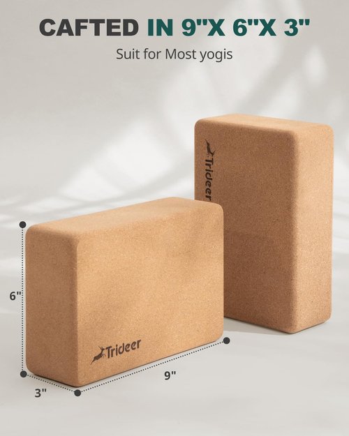 Trideer Cork Yoga Blocks, 2 Pack Natural Cork Blocks, High Density with Non Slip Surface, Eco-Friendly Accessories and Ideal for Yoga, Pilates, Stretching