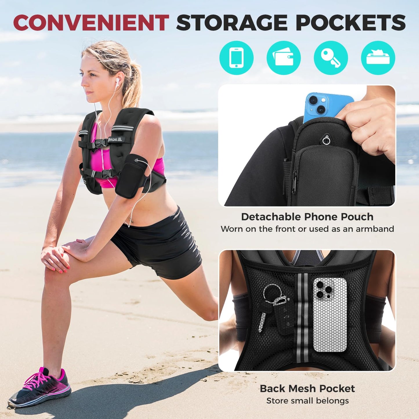 BAGAIL Comfort-Fit Weighted Vest for Woman, Even Weight Distribution, Faster Weight Loss, No-Chafe or Bounce for Walking & Running with Detachable Phone Pouch & Reflective Stripes (Available 5-30lbs)