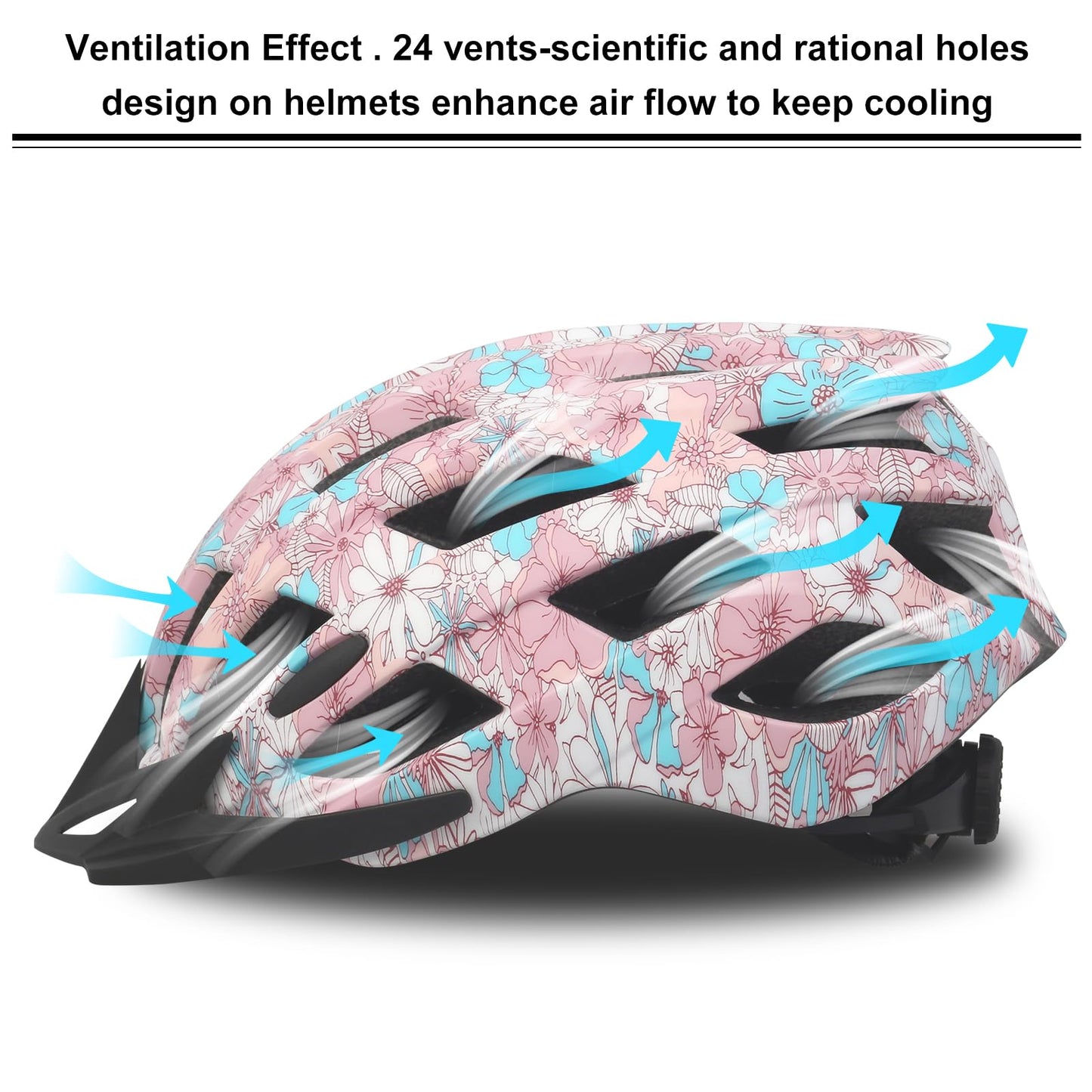 Adult Bike Helmets, Adjustable Mens Womens Bicycle Helmet, Lightweight Road Mountain Cycling Safety Sports Helmets with Detachable Visor Pink Flower L