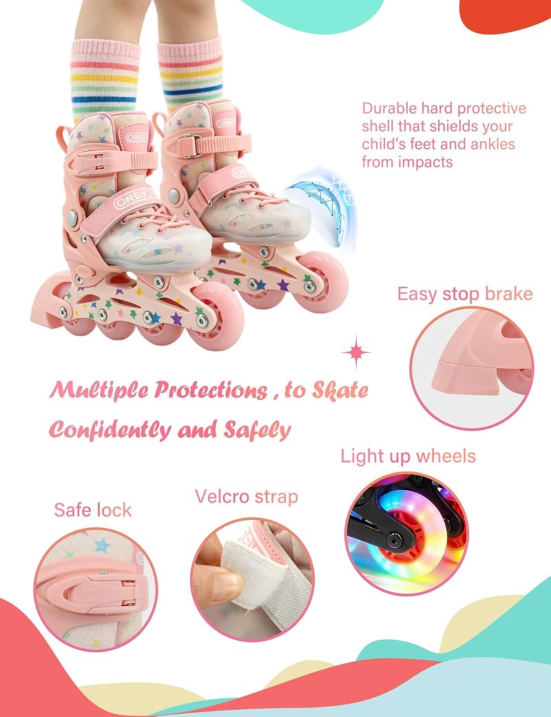 Kids Inline Skates 3-16 with Pink Variation - Adjustable Buckles & Light-Up Wheels