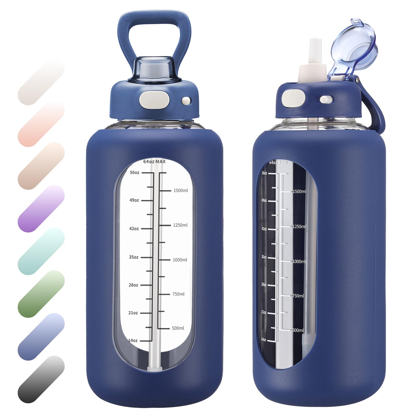 SIEROZUR 42 oz Glass Water Bottle with Straw and Handle Half Gallon Large Water Bottle with Silicone Sleeve and Time Marker Sports Water Jug Wide Mouth for Travel Gym