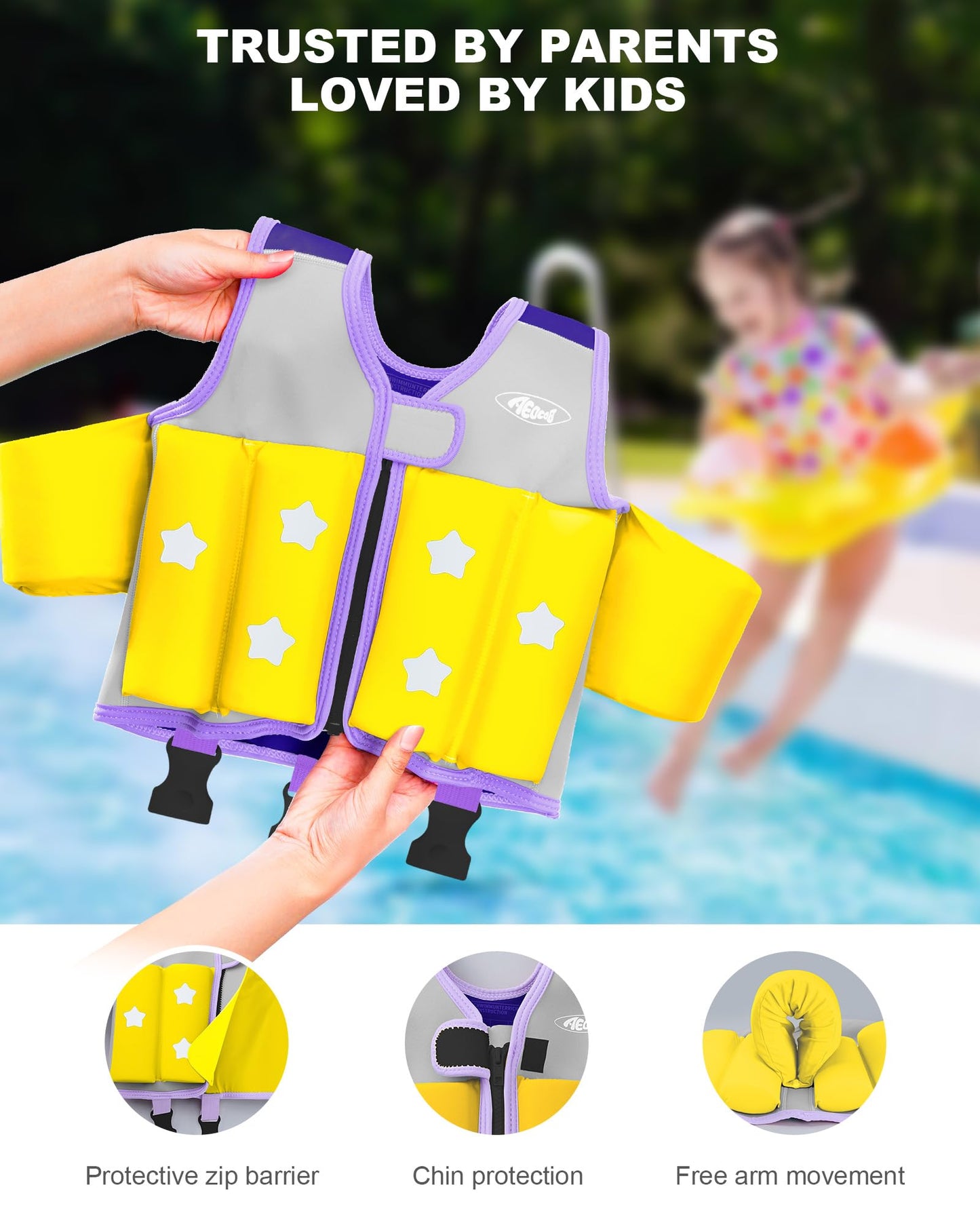 AEOCOO Kids Pool Floaties 1-2-3-5-7-9 Years Old, Toddler Swim Vest 20-30-50-70 Pounds, Comfortable Extended Wear Kids Float Jacket with Crotch Strap, Bright Design and Unpadded Sides, Purple