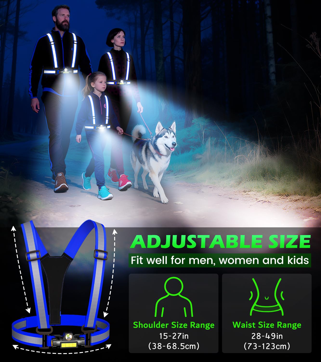 Hoeraonr Running Lights for Runners,90°Adjustable LED Reflective Vest Running Gear,Rechargeable Chest Light Up Running Vest Night Walking Safety Gear for Night Walking/Cycling/Jogging (Blue)