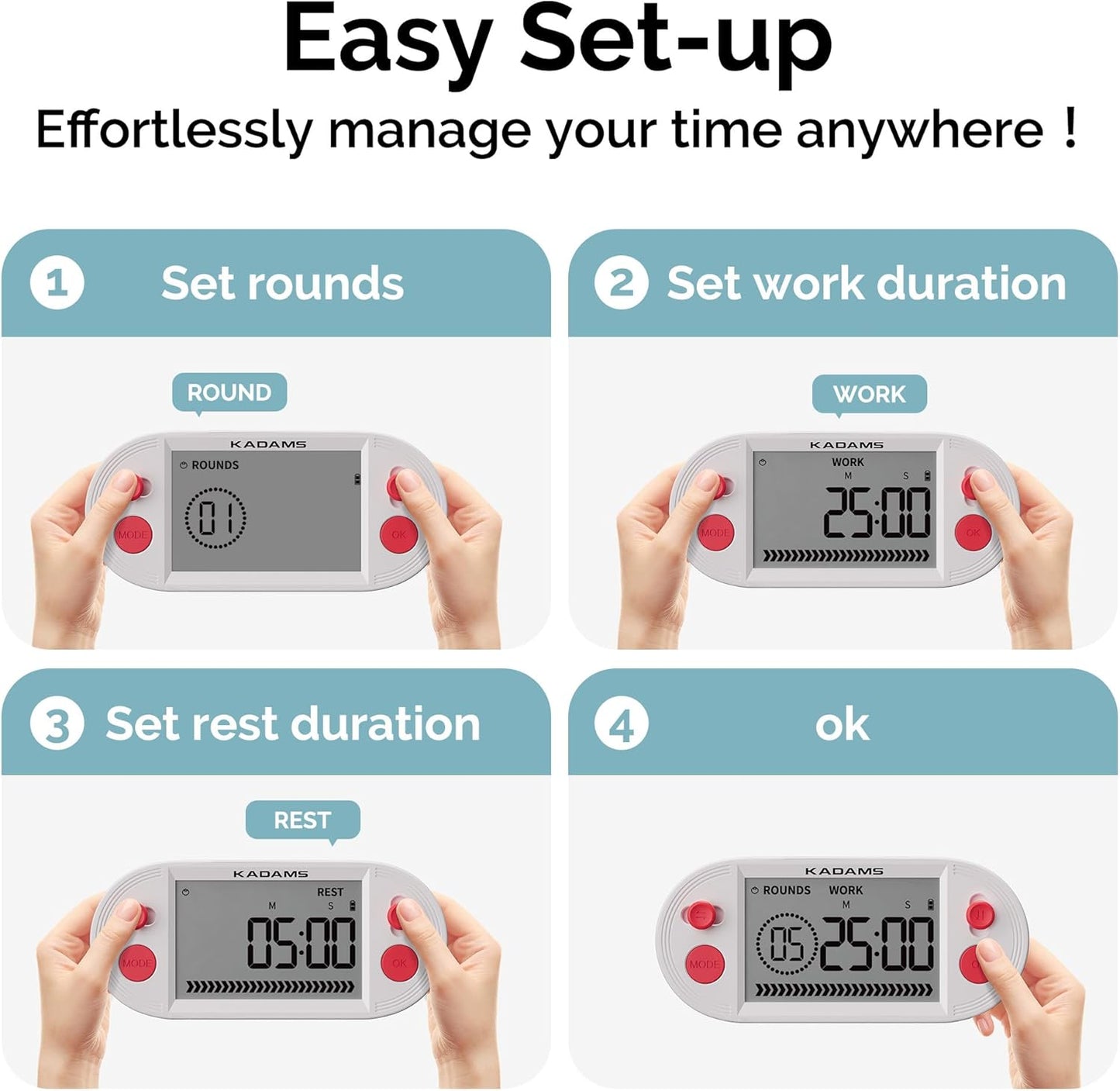 KADAMS Pomodoro Timer with Interval Countdown - Study, Gym & Exercise Timer with Magnets Stand (Blue)