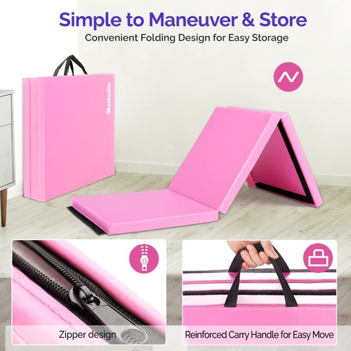 Matladin 6' Folding Tri-fold Gymnastics Gym Exercise Aerobics Mat, 6ft x 2ft x 2in PU Leather Tumbling Mats for Stretching Yoga Cheerleading Martial Arts (Pink)