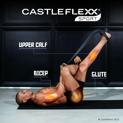 CastleFlexx Mobility and Full Body Strengthening Device | Non-Elastic Stretch Strap with Natural Premium Cork Handles for Stretching, Exercise, Physical Therapy, and Yoga | Height up to 5’9” Black/Red