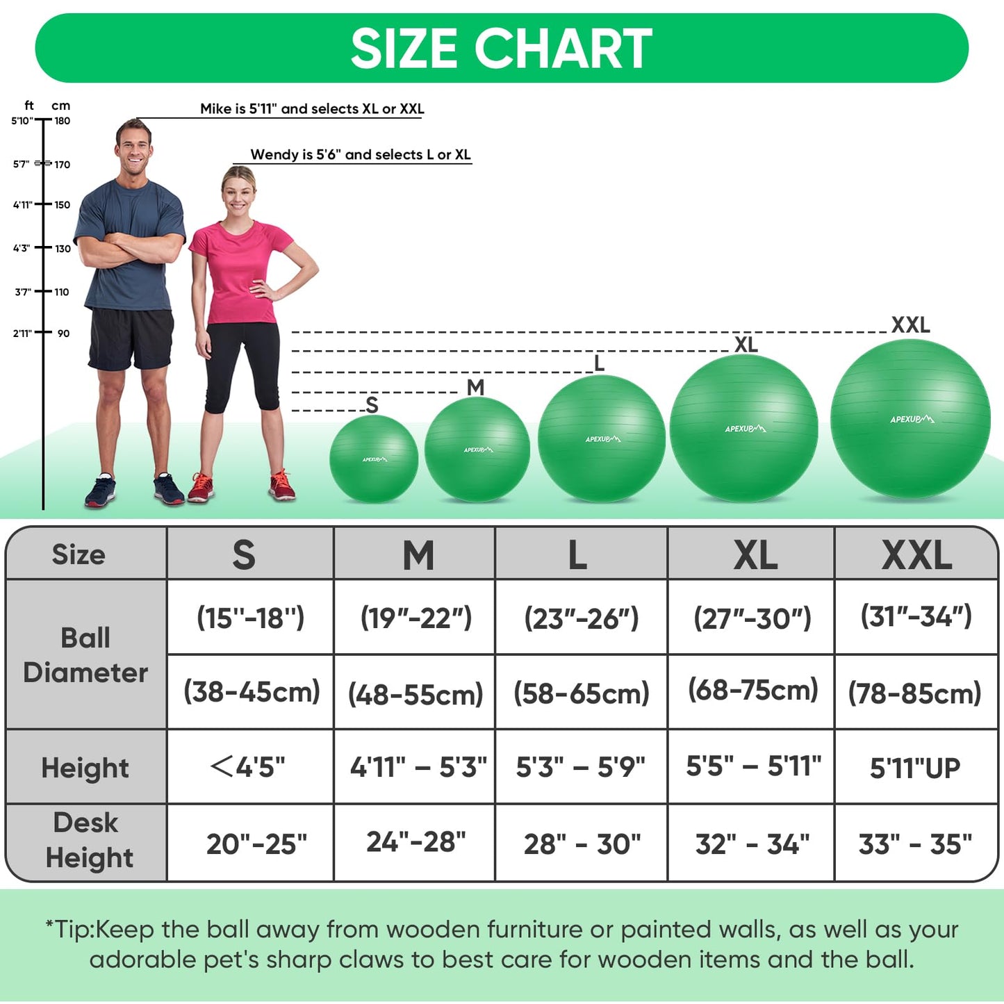 APEXUP Yoga Ball, 660 lbs Anti-Burst Exercise Ball with Pump, 5 Sizes (XXL(31"~34") 85cm, Dark Green)