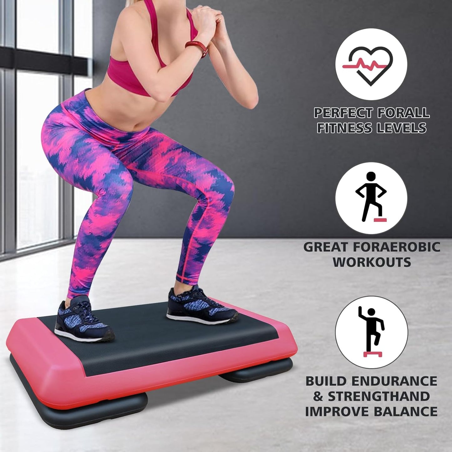 28.5'' Exercise Aerobic Step Platform, 4-6-8inAdjustable Fitness Stepper Workout with 4 Stackable Risers, Aerobics Stepper Workout Stepper for Home Gym Cardio Strength & Training (Red & Gray)