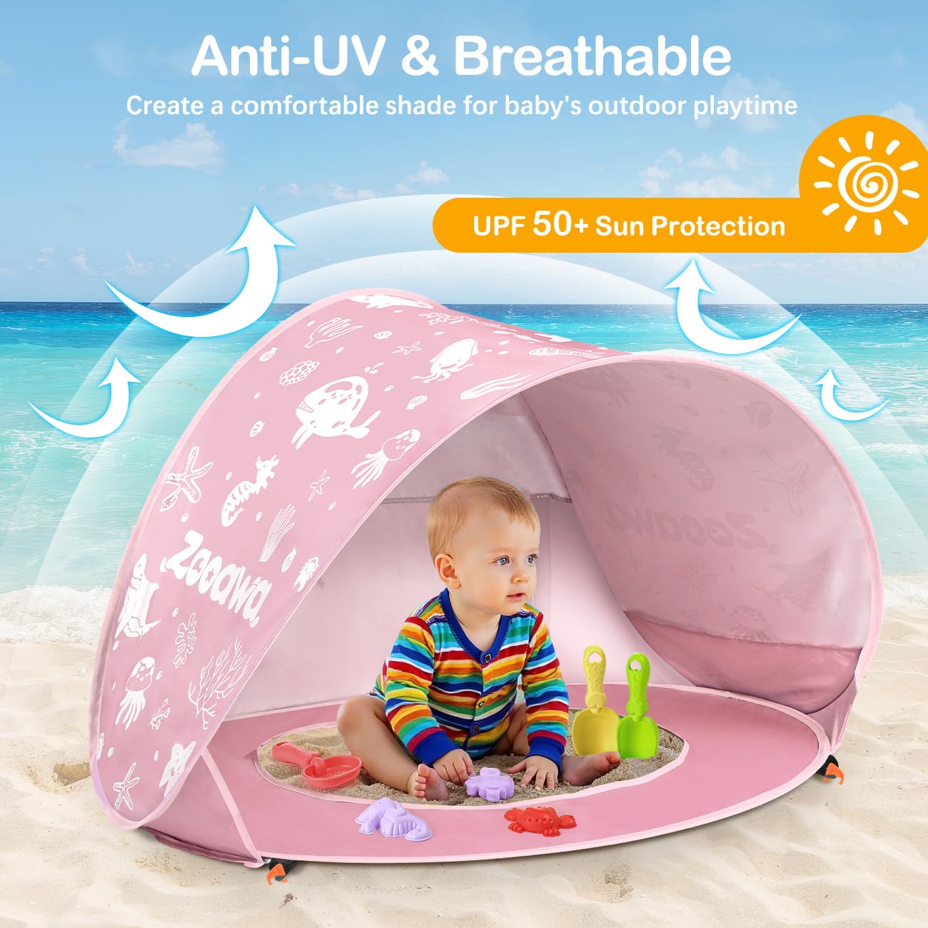 Zooawa Baby Beach Tent, Pop Up Beach Tent Sun Shade, Portable Shade Pool UV Protection Sun Shelter for Infant with Sand Toys Set, Light Pink