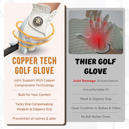 Copper Tech Adv 2.0 Golf Gloves Women Right Handed Golfer & Left Handed Golfer | Joint Support Copper Compression Womens Golf Glove | Tear Resistant Durability and Tacky Grip for Max Control