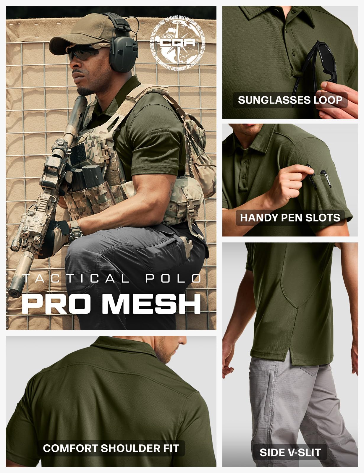 CQR Men's Quick Dry Tactical Polo Shirt, Lightweight Breathable Performance Polo, Short Sleeve UPF 50+ Outdoor Golf Shirt