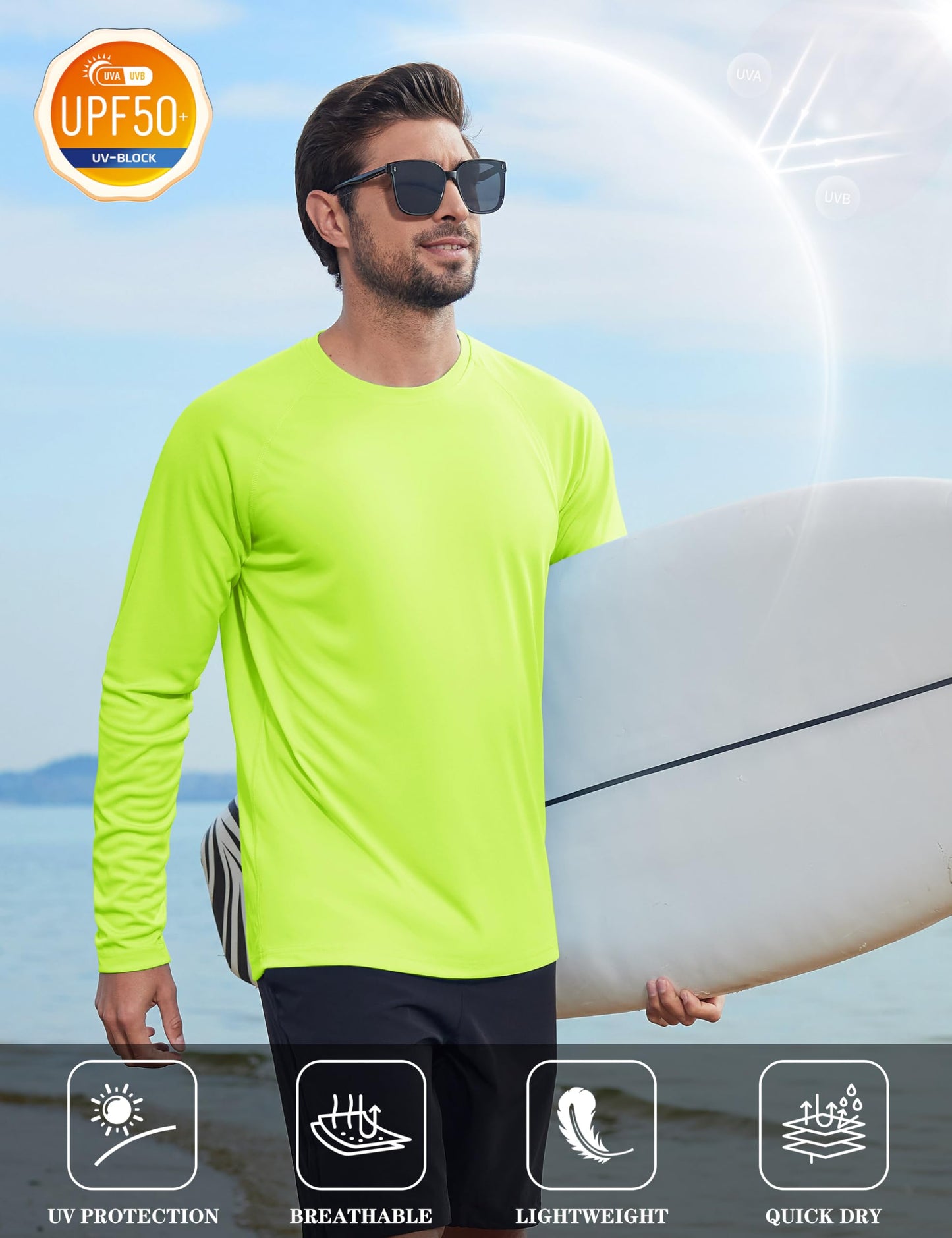 KEFITEVD Rash Guard for Men Long Sleeve Crew Neck T-Shirts UV Protection Active Shirts Lightweight Workout Shirts Hiking Shirt Quick Dry Fluorescent Green