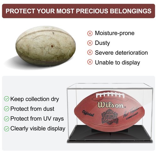 Football Display Case:Clear Acrylic Football Display Cases,Dust and UV Protection Acrylic Display Box with Removable Football Stand for Signed Football Sports Collectibles Memorabilia Display