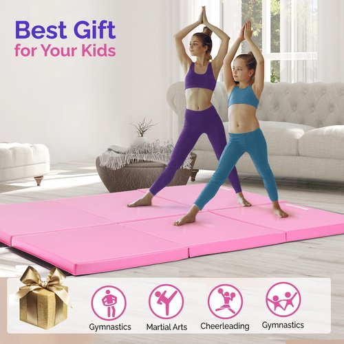 Matladin 6' Folding Tri-fold Gymnastics Gym Exercise Aerobics Mat, 6ft x 2ft x 2in PU Leather Tumbling Mats for Stretching Yoga Cheerleading Martial Arts (Pink)