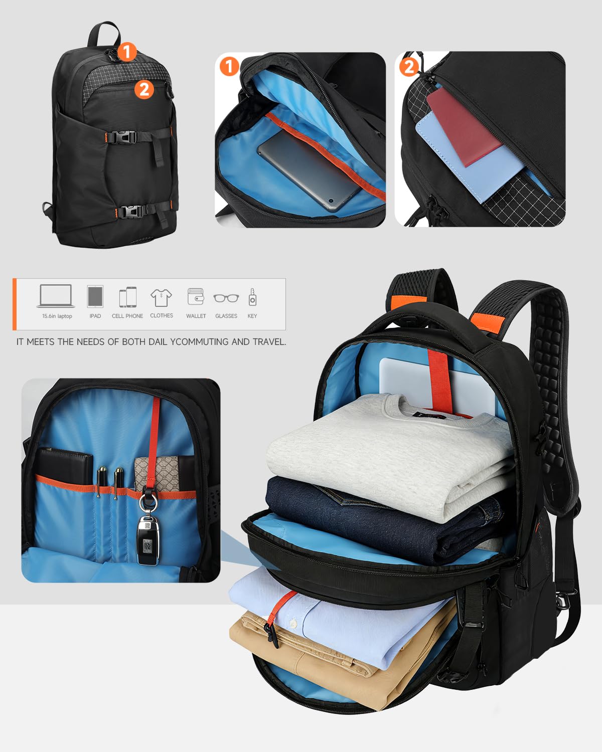 Rolling Backpack, 56L Large Backpacks with Wheels-Splits into Daypack & Laptop Backpack Fits 17 Inch Laptop,Water-Resistant & Carry-On Friendly for College,travel,camping,Weekender Hiking Black