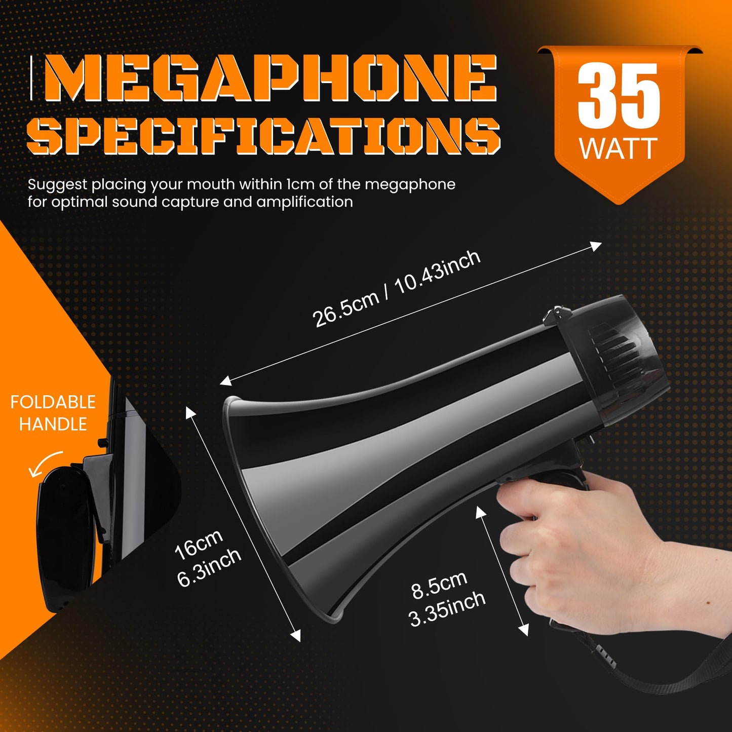 MyMealivos 35W Rechargeable Megaphone Speaker Built in 240s Recording & Siren-10.4"×6.3" Bullhorn Up to 980ft Voice Range with Wrist Strap and Detachable MIC(Black)