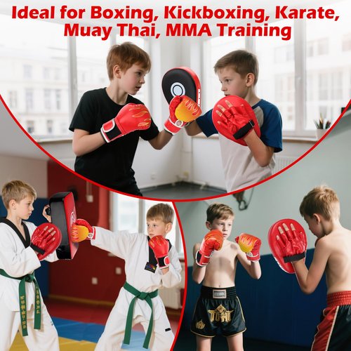 3-in-1 Boxing Gloves Punching Mitts Kick Pack Set for Kids, Curved Boxing Mitts Focus Pads, Adjustable Taekwondo Kick Pad, Gloves for Kicking Karate Kickboxing Muay Thai MMA Training