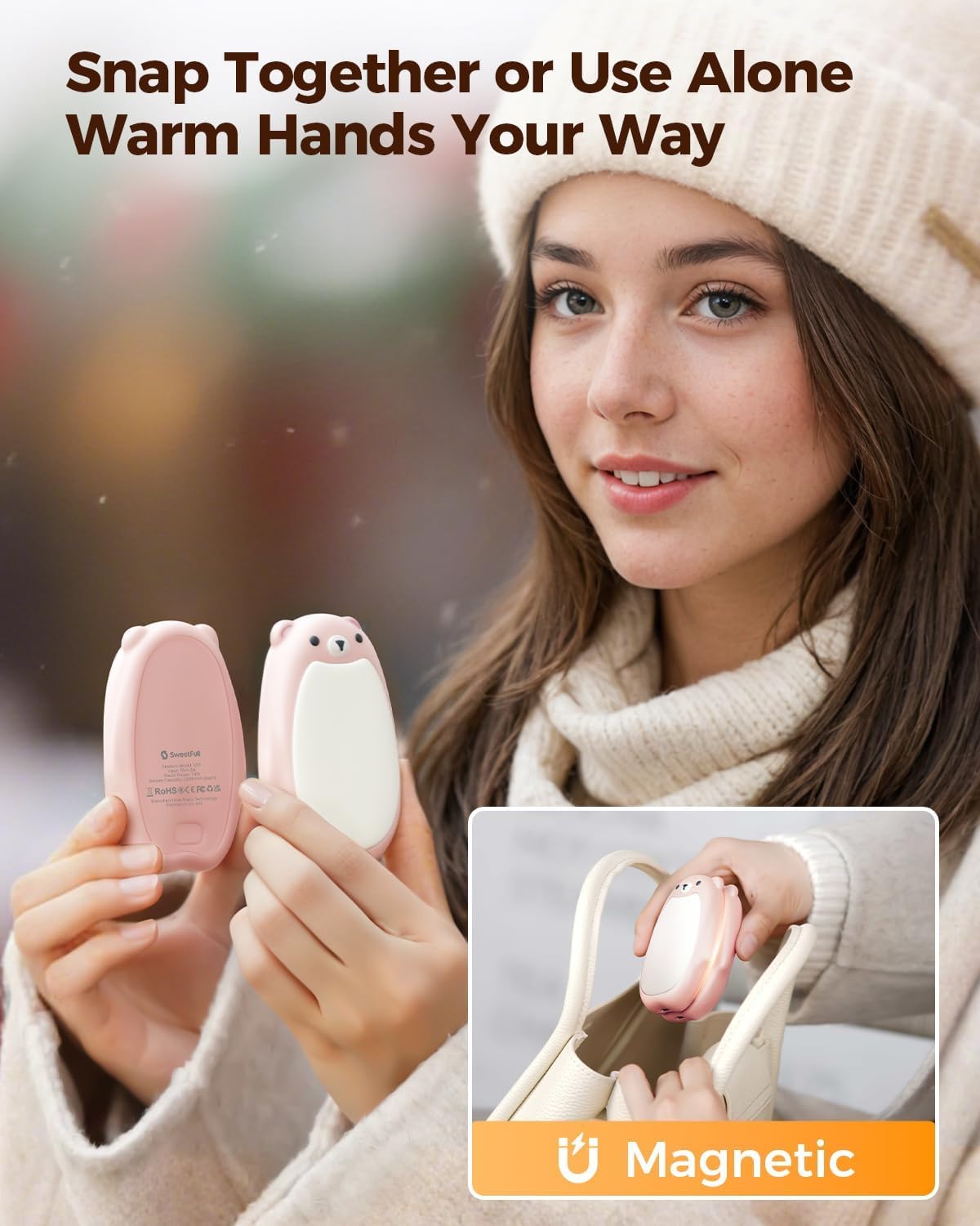 SWEETFULL Hand Warmers Rechargeable – Cute Bear, 2 Pack Magnetic, Reusable Electric Pocket Heater, Great Gift for Daughter, Kids, Wife, or Bestie, Portable for Outdoor & Camping (Pink)