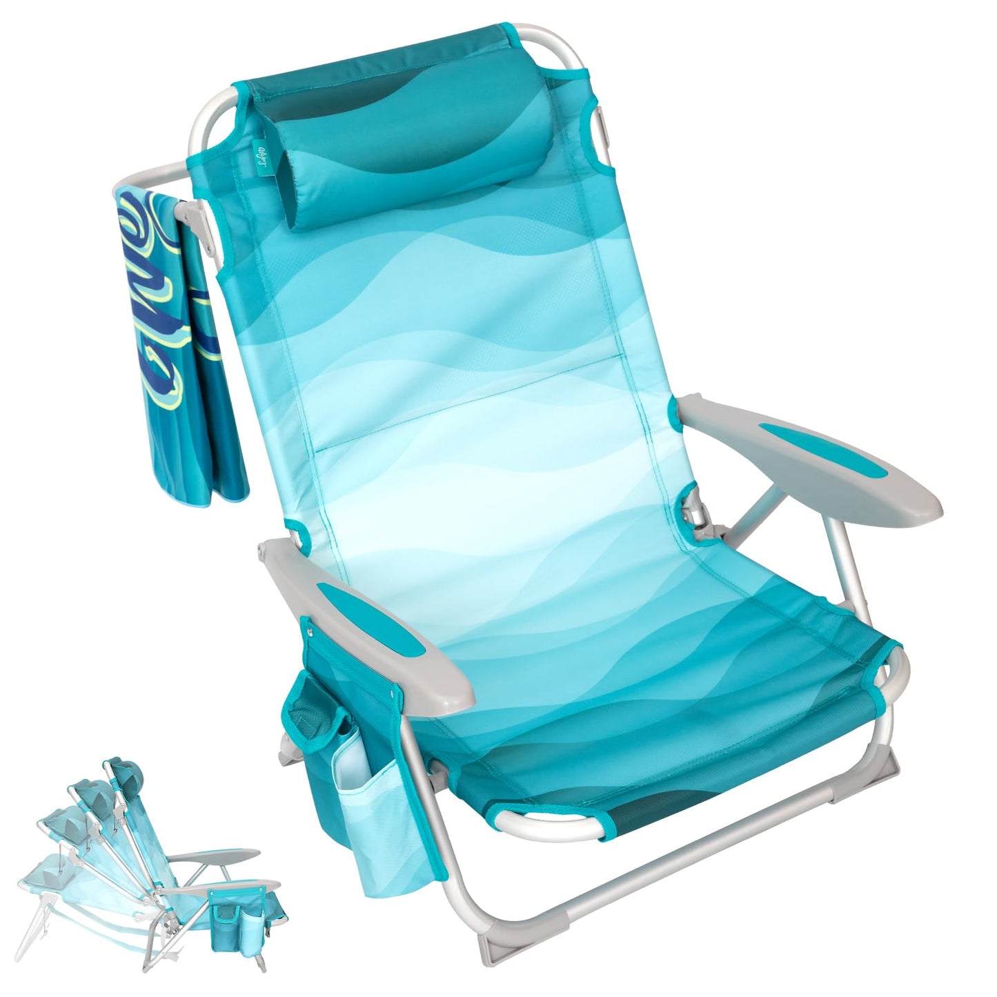 #WEJOY Lightweight Low Beach Chair for Adults, 4-Position Aluminum Folding Camping Chairs with Shoulder Strap, Cup Holder and Padded Headrest, Supports 265lbs for Lawn Outdoor,Cyanpattern