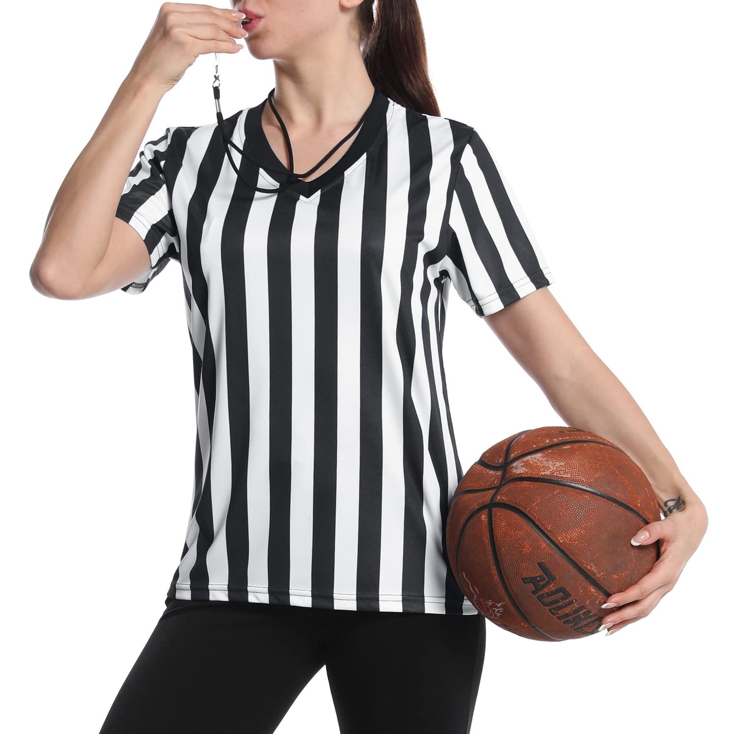 Women's Official Referee Shirt Black & White Stripe Ref Umpire Jersey Short Sleeve for Basketball Football Hockey V-Neck M