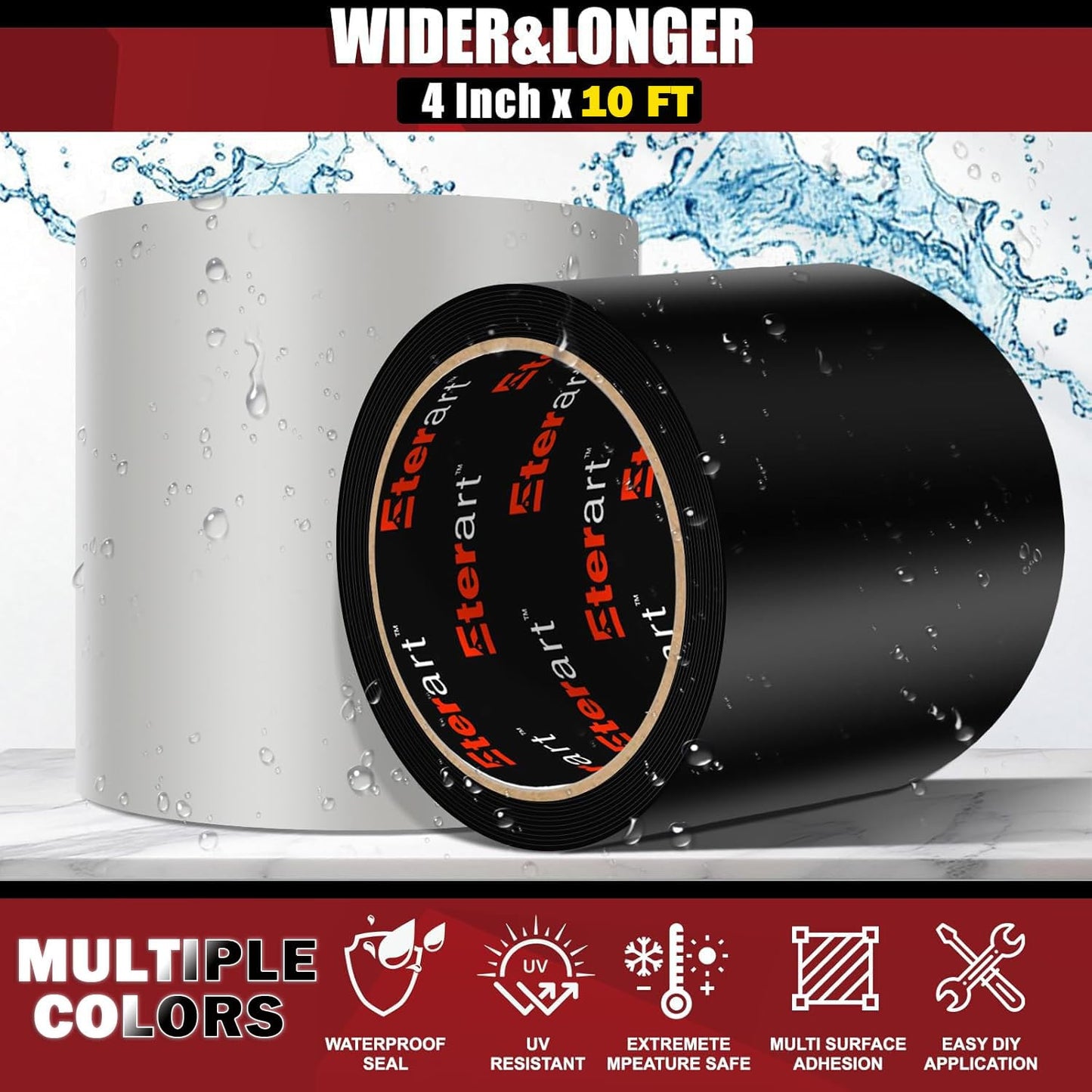 ETERART Waterproof Tape 4 Inch x 10 FT, Seal Tape Clean - Heavy Duty Leak Repair for Roof, Pipe, Boat, Hose & Outdoor Emergency Fix - Permanent Weather Resistant Seal
