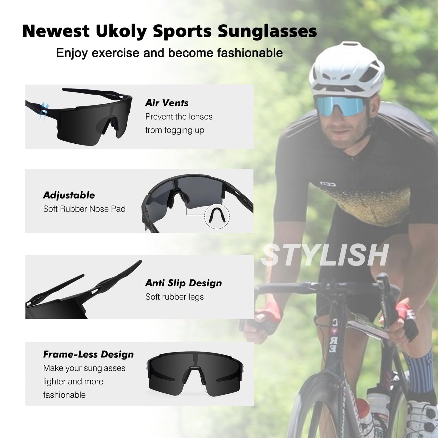 Ukoly Cycling Sunglasses for Men Women with 3 Interchangeable Lenses, Polarized Sports Sunglasses, Baseball glasses (GREY-1 Lens)