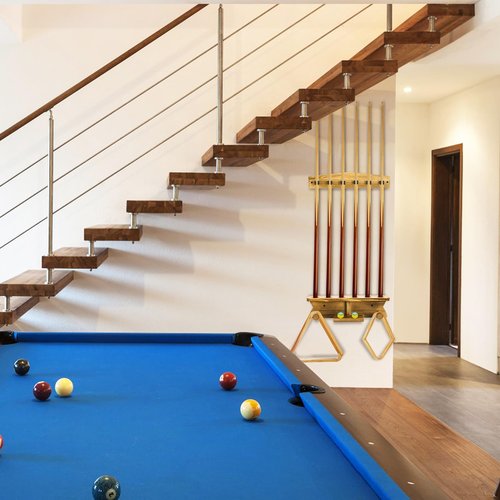 Pumtus Wall Mount Pool Stick Holder, Wood Billiard Cue Rack, Hold 6 Cues and 2 Triangle Racks, Sturdy Pool Cue Rack, Wall Billiard Stick Holder, Pool Table Accessories Organizer for Game Room, Bar