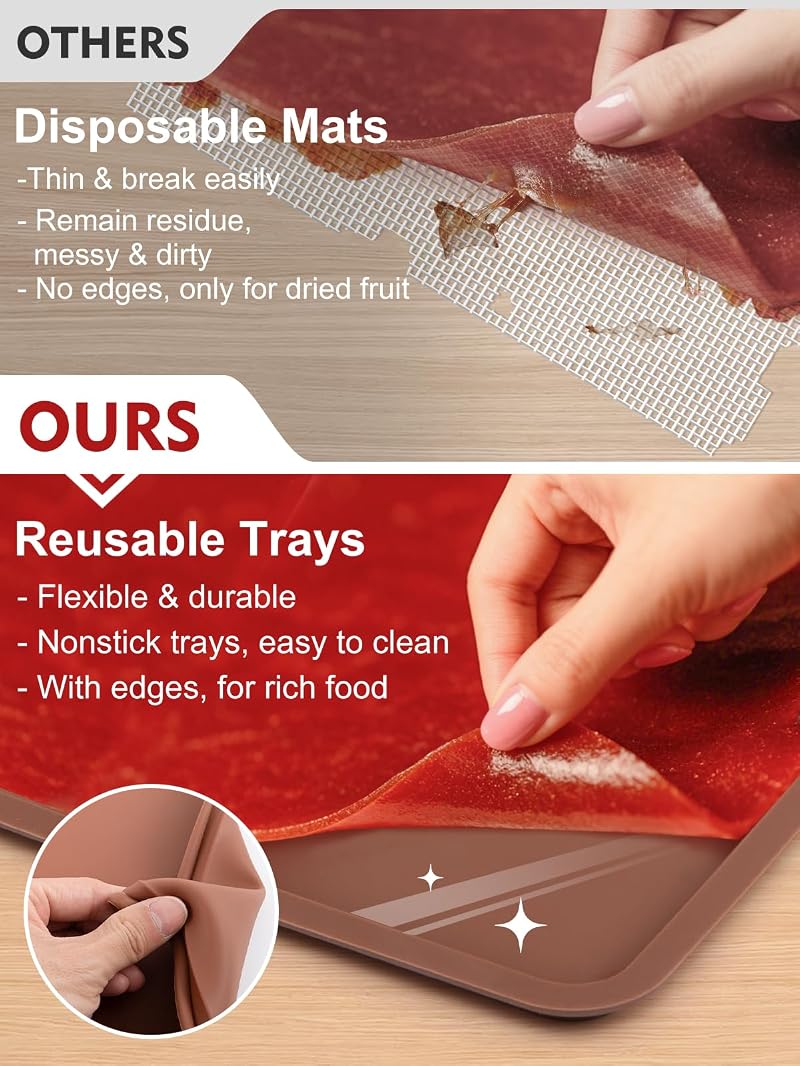 6Pcs Silicone Food Dehydrator Sheets with Edge - Non-Stick Liner for 12" x 13" Trays, BPA Free, Heat Resistant