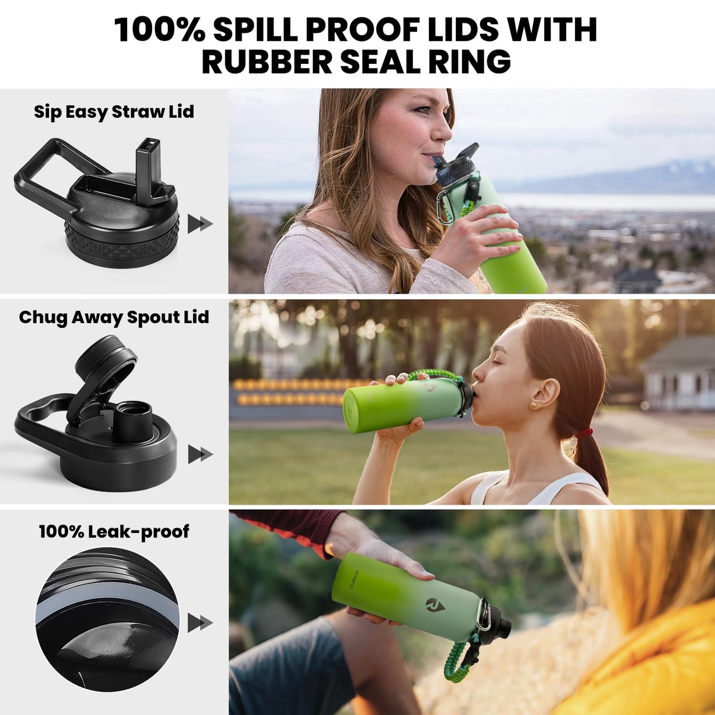 RAYMYLO Insulated Water Bottle 40 oz, Triple Wall Vacuum Stainless Steel (Cold for 36Hrs, Hot for 18Hrs), Leak Proof & Non-BPA, Modern Water Flask Jug with Paracord Handle & Straw Spout Lids