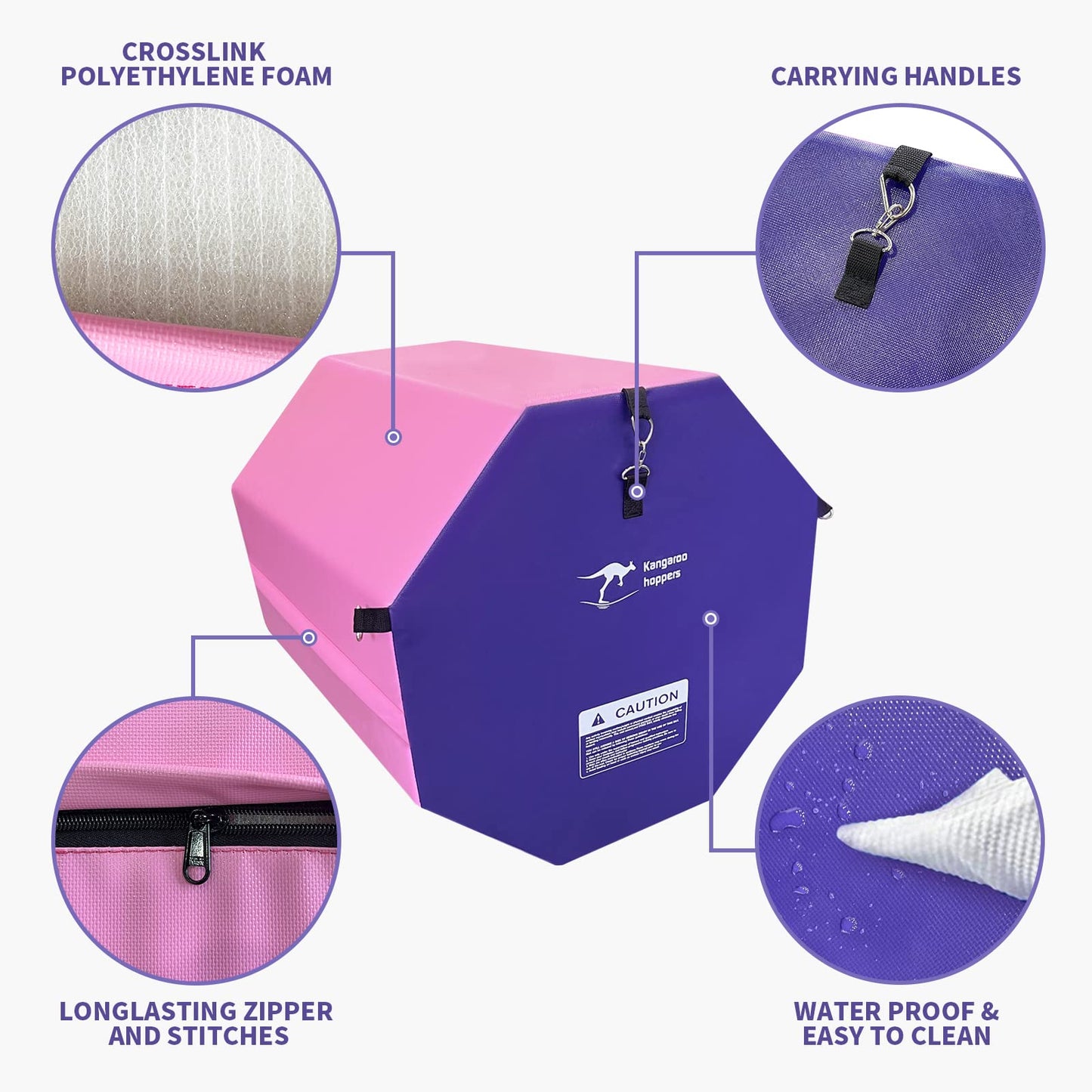 Kangaroo Hoppers Gymnastics Octagon Tumble Mat 19"x23" with Carrying Handles, Somersault Backbend Tumbling Trainer for Home Gym Exercise (Purple/Pink)