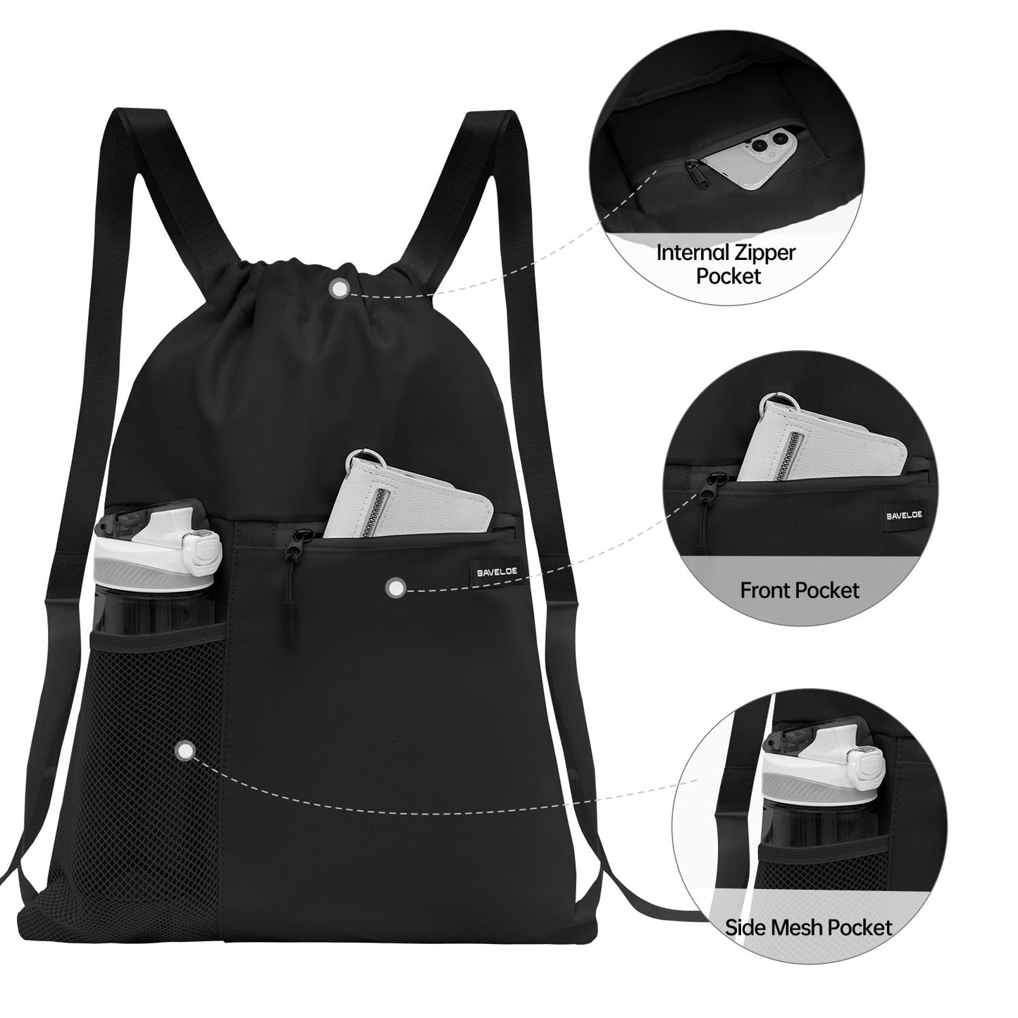 BAVELOE Drawstring Backpack with Mesh Pocket Water Resistant String Beach Swim Sports Gym for Women Men (Black)