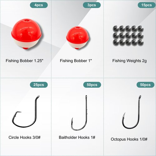 ELLYCIO 147/295 PCS Fishing Tackle Kit, Including Fishing Hooks, Bobbers, Octopus Circle Baitholder Hooks, Sinker Weights for Bass Trout Catfish Panfish (147 Pcs Fishing Tackle Kit)