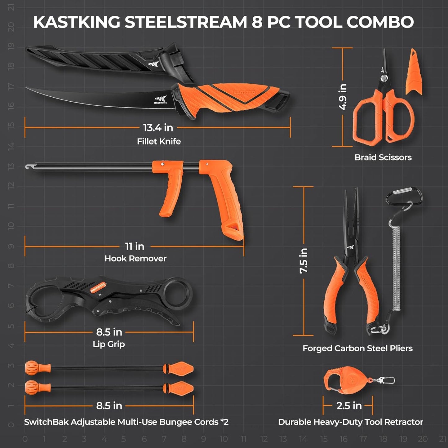 KastKing SteelStream 8pc Fishing Tool Kit - Fishing Pliers with Lanyard, Fillet Knife, Floating Fish Lip Gripper, Fishing Braid Scissors, Tool Retractor, Fishing Hook Remover, Bungee Cords