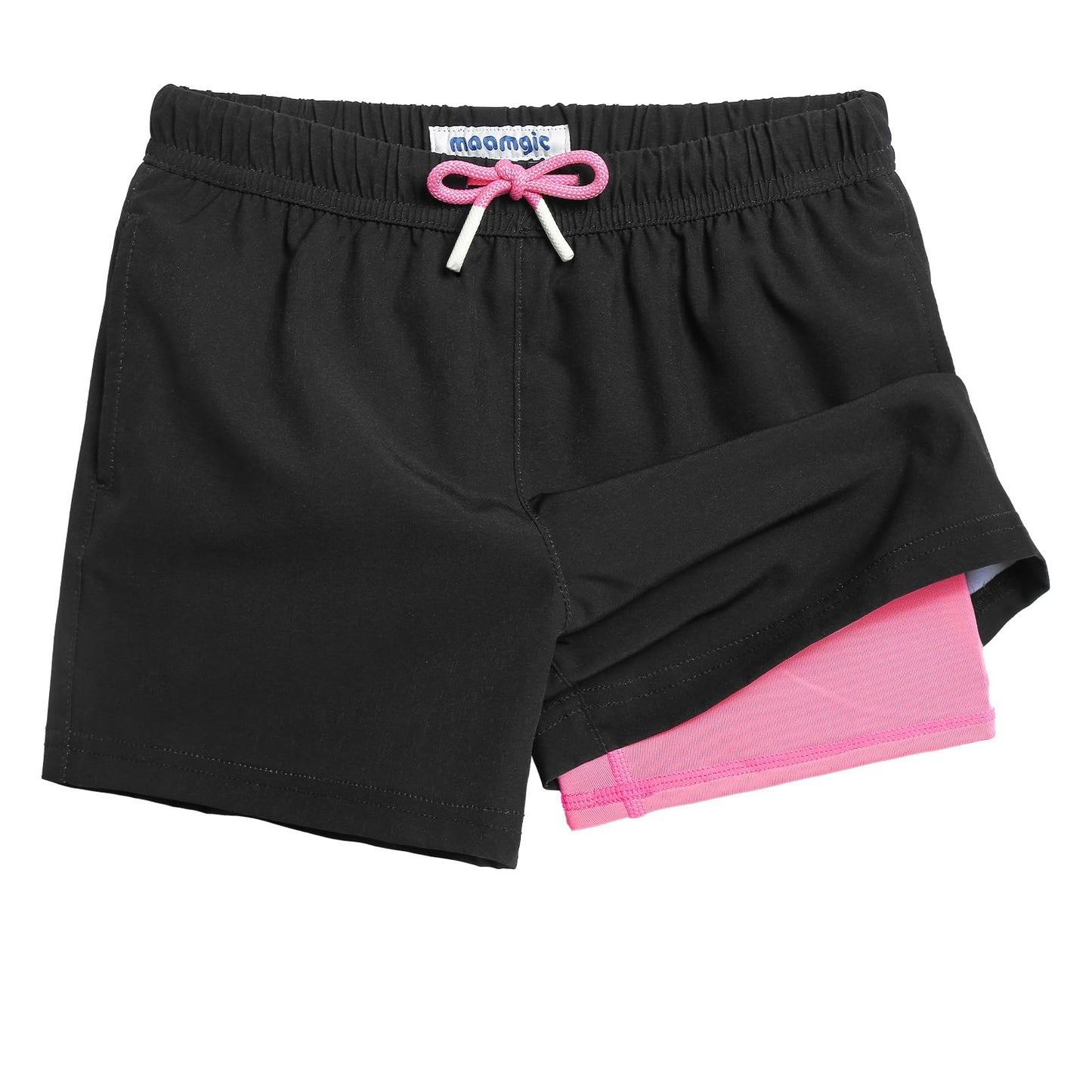 maamgic Boys Swim Trunks with Compression Liner Toddler Stretch Swim Shorts Quick Dry Swimming Trunks Boxer Brief 2 in 1 Beach Shorts Black Pink 5/6