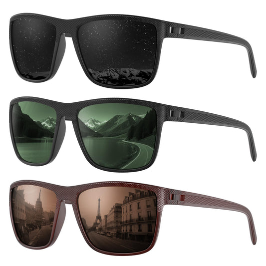 Fanshen Square Polarized Sunglasses for Men, 3 Pack Lightweight UV Protection Sun Glasses for Driving Fishing Golf (Black/G15/Brown)
