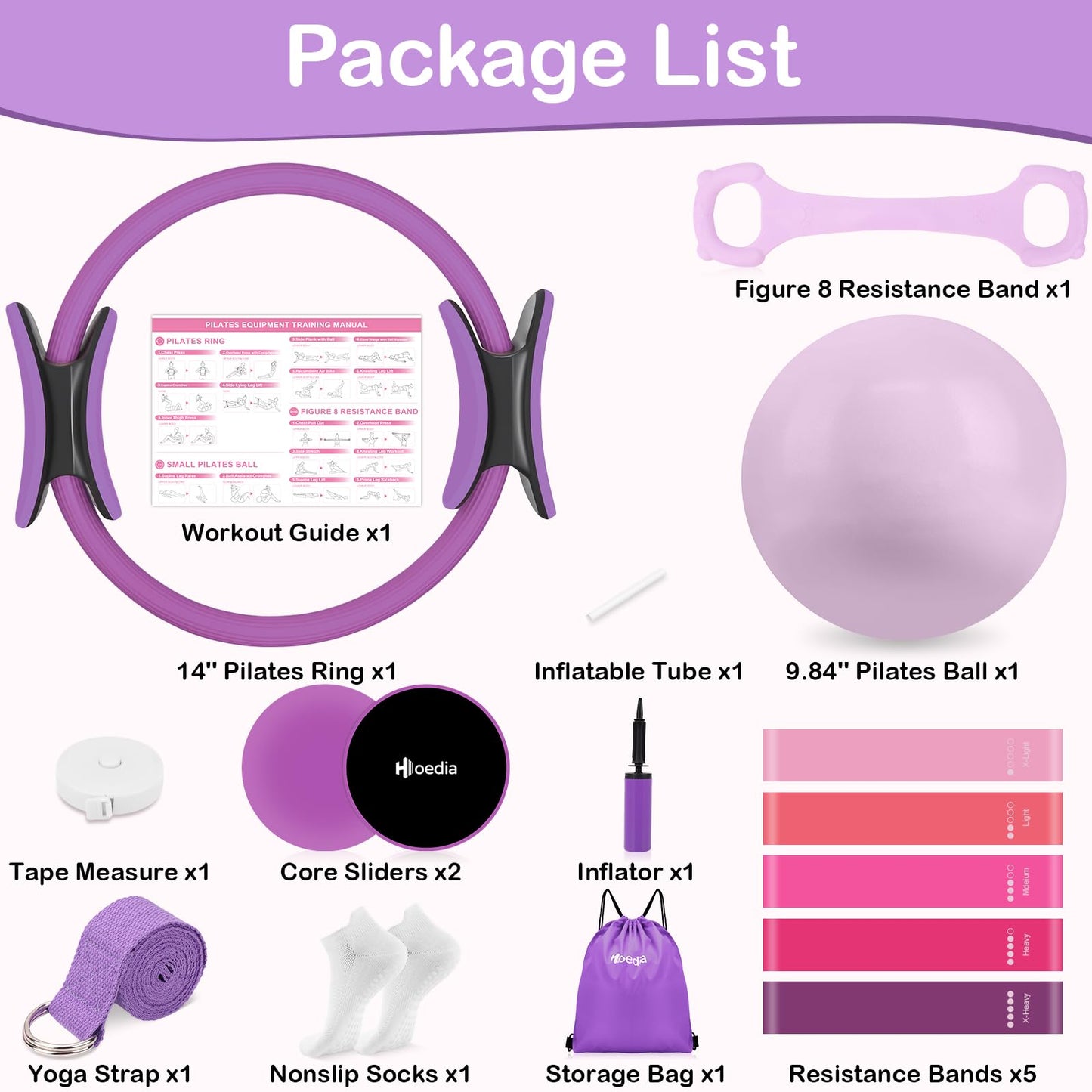 Hoedia Pilates Kit for Women, Pilates Equipment Ring and Ball Set, Purple