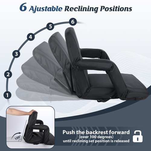 Gbekery Extra Wide Stadium Seats with Back Support,25" Wide 2 Pack Padded Reclining Bleacher Chairs with Back and Cushion,6 Reclining Positions,2 Steel Bleacher Hooks,Side Pockets & Cup Holders(Black)