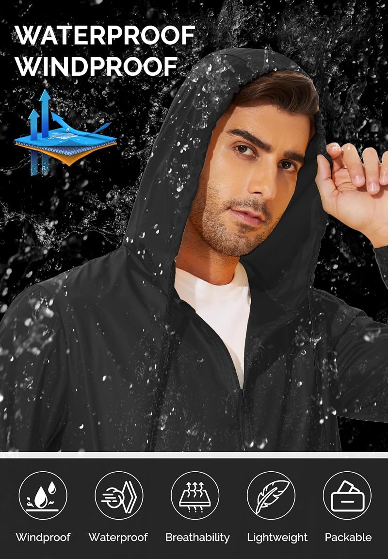 Zando Lightweight Rain Jacket for Men - Waterproof Hooded Windbreaker, Black XL