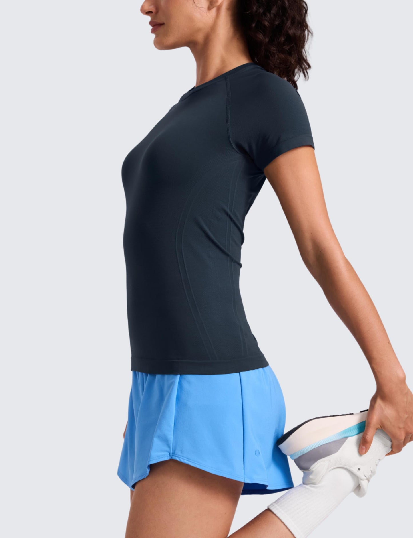 CRZ YOGA Seamless Workout Tops for Women Short Sleeve Athletic Tees Breathable Gym Running Yoga Shirts Twilight Blue Medium