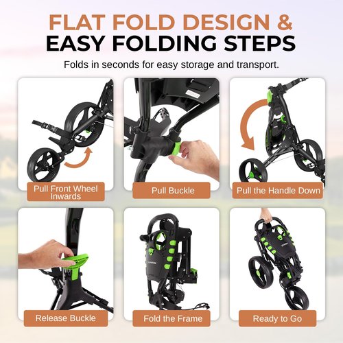 JOVIAL 3 Wheel Golf Push Cart - Lightweight Aluminum Frame, Ergonomic Handle, Deluxe Scorecard Holder, Easy Folding and Unfolding, Foot Brake, Patented Bag Holder, Ample Storage for Gear