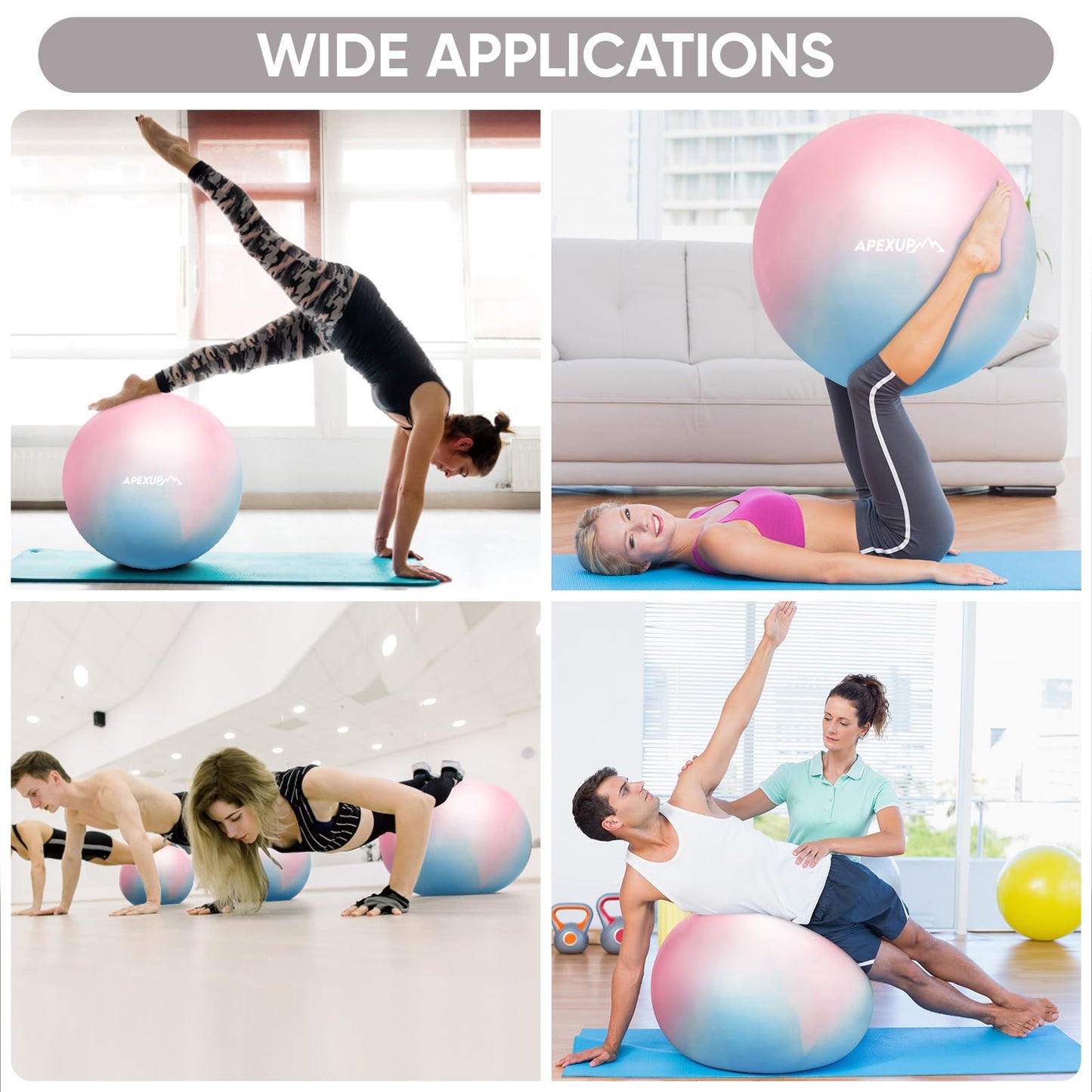 APEXUP Yoga Ball, 660 lbs Anti-Burst Exercise Ball with Pump, 5 Sizes (XL(27"~30") 75cm, Blue Pink)